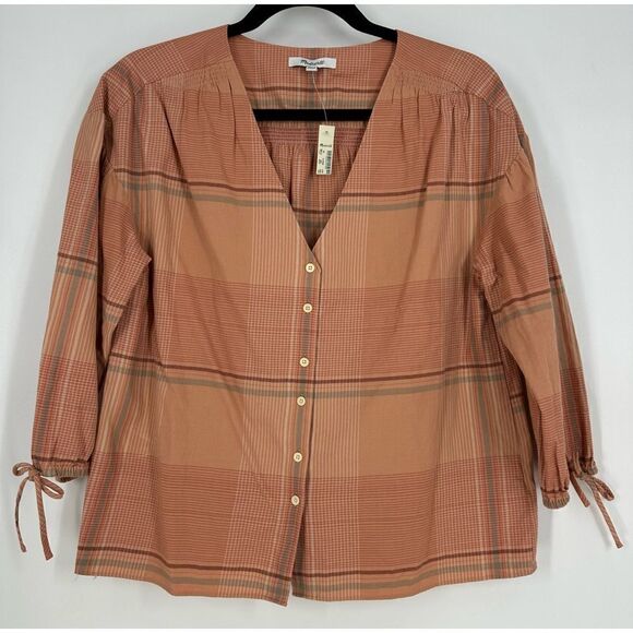 MADEWELL Plaid Peach Morningview V-neck  Button Front Blouse Top Sz XS - Picture 2 of 13
